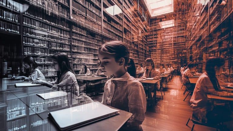 Double exposure of a young girl reading at a library table and a vast library with towering shelves of books: knowledge and introspection concept.