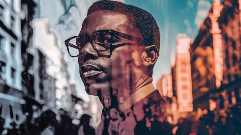 Double exposure of a man wearing glasses with a city street in the background