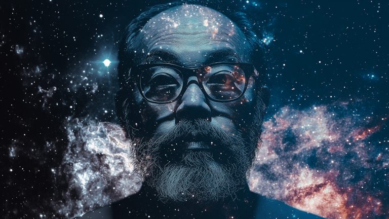 Double exposure of a man's face with glasses and a beard