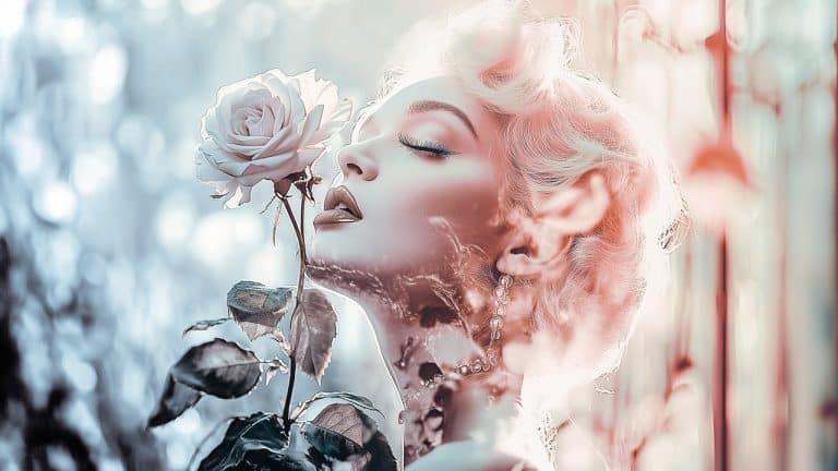 Double exposure of a woman with closed eyes holding a white rose