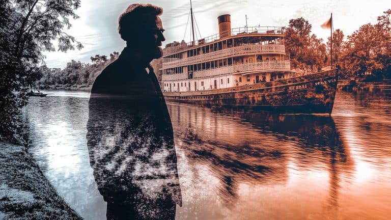 Double exposure of a man's silhouette by a riverbank and a vintage steamboat on the river: nostalgia and reflection concept.