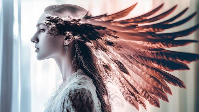 Double exposure of a woman's profile with long hair in soft lighting