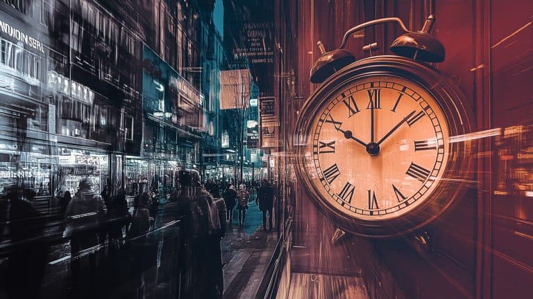 Double exposure of a busy city street with blurred pedestrians and neon lights