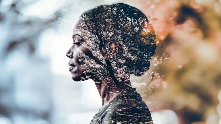 Double exposure of a serene woman in profile and a lush green tree with sunlight filtering through the leaves: harmony with nature concept.