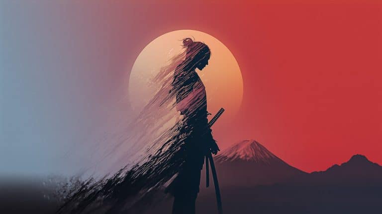 Double exposure of a samurai silhouette with a sword in a brushstroke effect