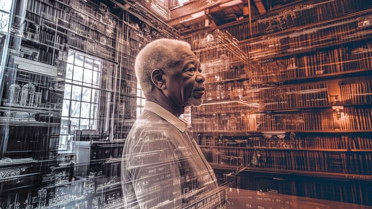 Double exposure of an elderly man standing in a library and digital architectural schematics overlay: wisdom and innovation concept.