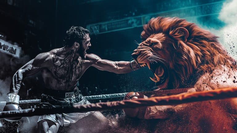Double exposure of a bloodied boxer throwing a punch and a roaring lion in a boxing ring: strength and ferocity concept.