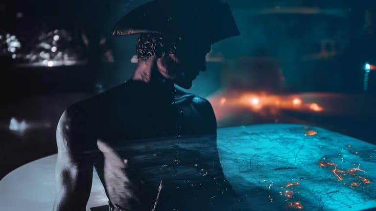Double exposure of a silhouette of a person in a tricorn hat