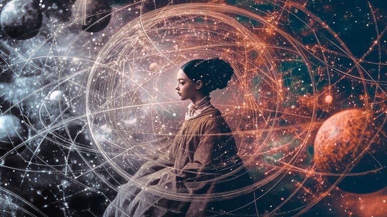 Double exposure of a woman in historical dress