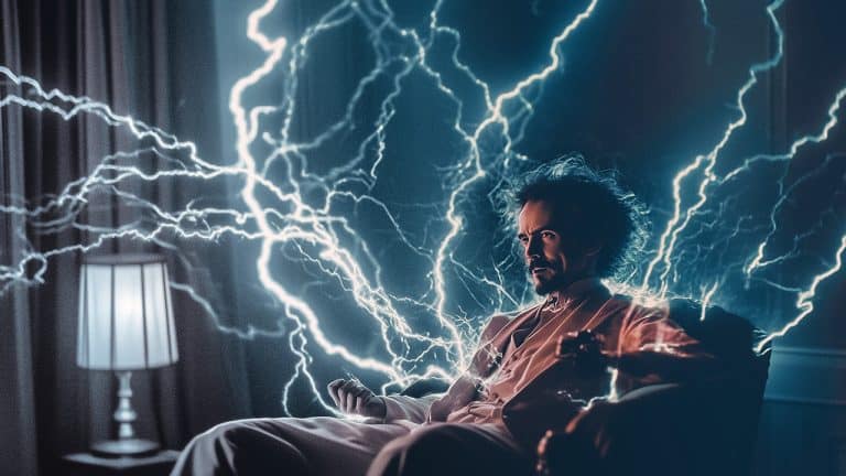 Double exposure of a man sitting with focused expression in a dim room