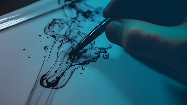 Double exposure of a hand holding a brush painting with blue ink on a white surface