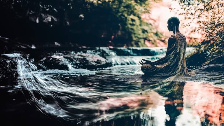 Double exposure of a person meditating by a forest stream and ethereal energy flowing through the air and water: tranquility and connection concept.