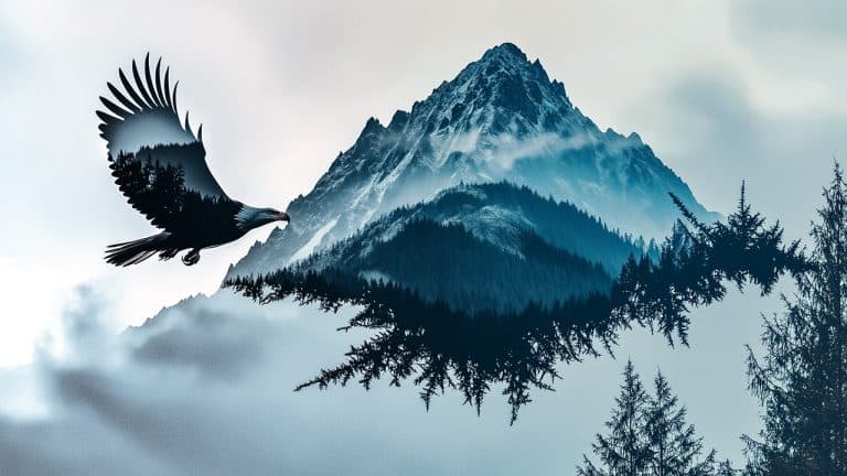 Double exposure of an eagle soaring with wings spread and a snow-covered mountain with forested slopes: freedom and majesty concept.