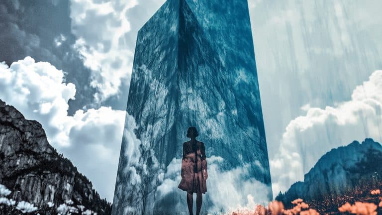 Double exposure of a silhouette of a woman standing and a large mirrored structure reflecting the sky and clouds
