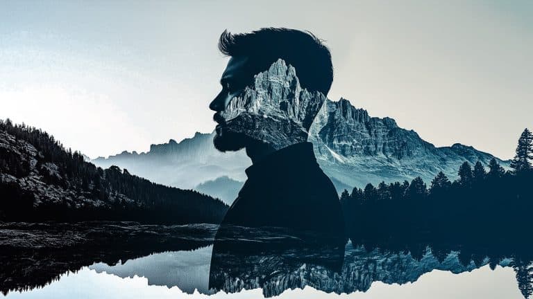 Double exposure of a man's silhouette in profile and a mountain landscape with trees and a lake: harmony with nature concept.