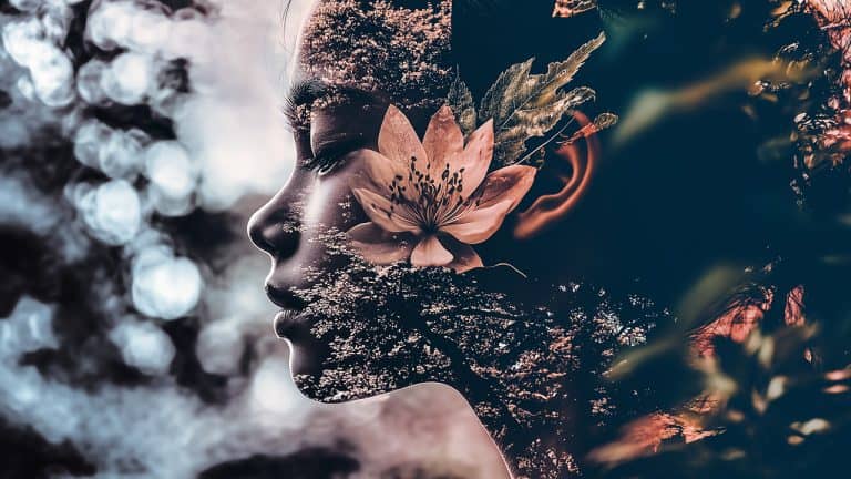 Double exposure of a woman's profile with closed eyes and a vibrant yellow flower with green leaves: harmony with nature concept.