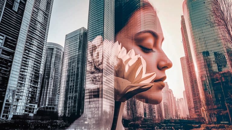 Double exposure of a serene woman with closed eyes and a lotus flower