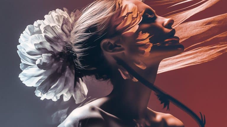 Double exposure of a woman with her head tilted back and a serene expression