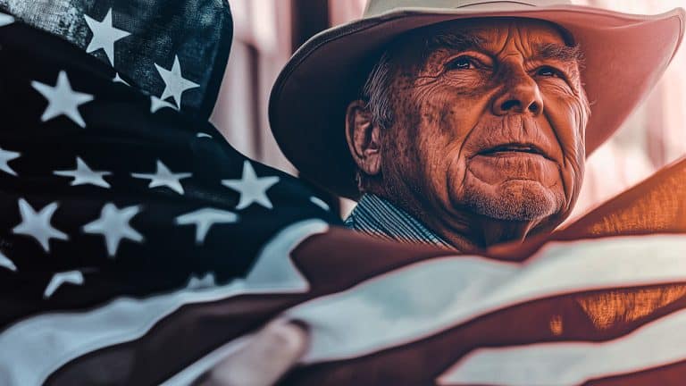 Double exposure of an elderly man in a cowboy hat gazing thoughtfully with an American flag waving in the foreground: patriotism and resilience concept.