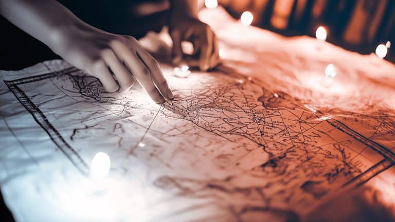Double exposure of hands tracing an old map