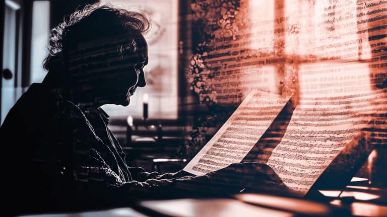 Double exposure of a silhouette of a person reading sheet music by candlelight