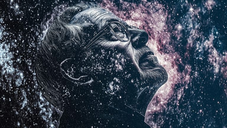Double exposure of an elderly man with glasses looking upwards
