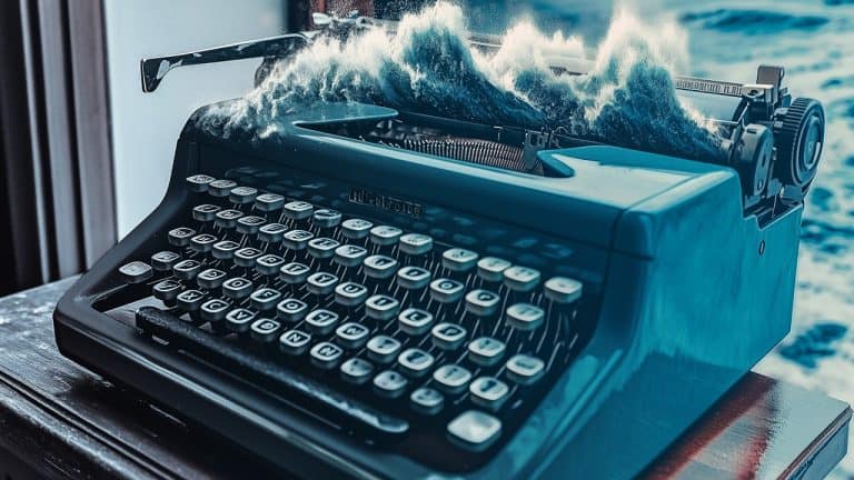 Double exposure of a vintage typewriter on a wooden table with ocean waves crashing through it: creativity and imagination concept.