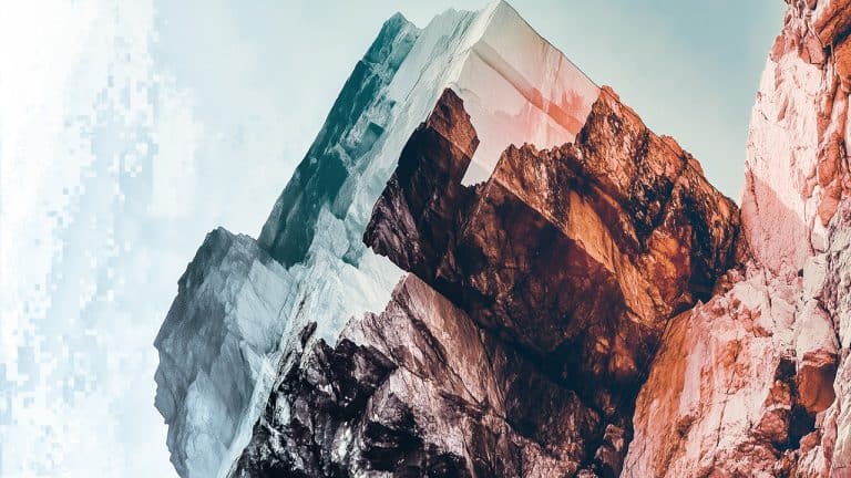 Double exposure of a jagged rock formation with earthy tones and its mirrored image against a soft gradient background: nature and symmetry concept.