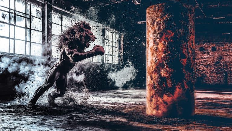Double exposure of a muscular figure with a lion's head wearing boxing gloves