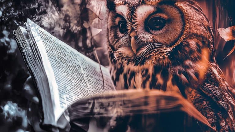 Double exposure of an owl with detailed feathers and an open book with visible text: wisdom and knowledge concept.