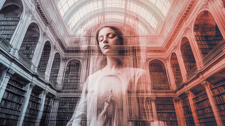 Double exposure of a serene woman with closed eyes and a grand library with tall bookshelves: knowledge and introspection concept.