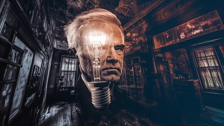 Double exposure of a man's serious face and a glowing light bulb in a vintage room: innovation and introspection concept.