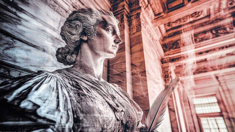Double exposure of a classical marble statue of a woman holding a quill