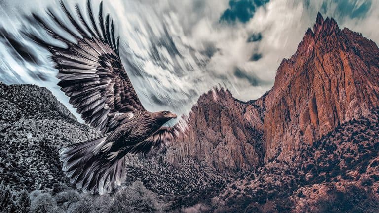 Double exposure of an eagle soaring with outstretched wings and dramatic red rock mountains beneath a cloudy sky: freedom and majesty concept.