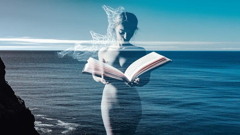 Double exposure of a woman holding an open book and a vast ocean under a clear sky: knowledge and tranquility concept.