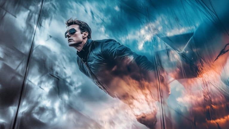 Double exposure of a man in a leather jacket leaning forward against a surreal sky with clouds and glass reflections: courage and defiance concept.