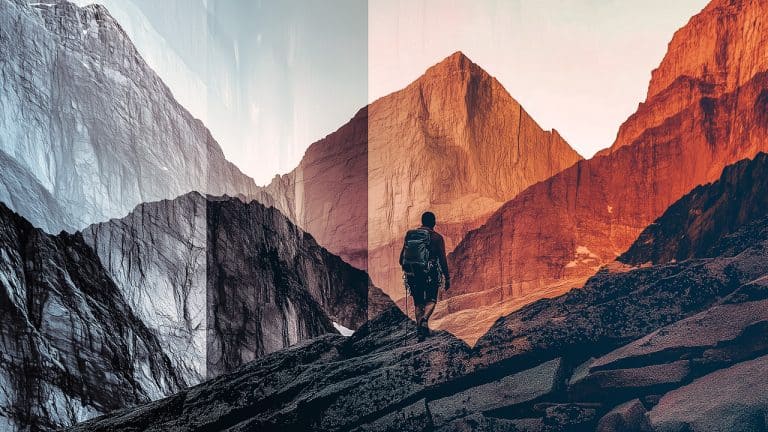 Double exposure of a person hiking on rocky terrain and towering mountains at sunset: adventure and exploration concept.