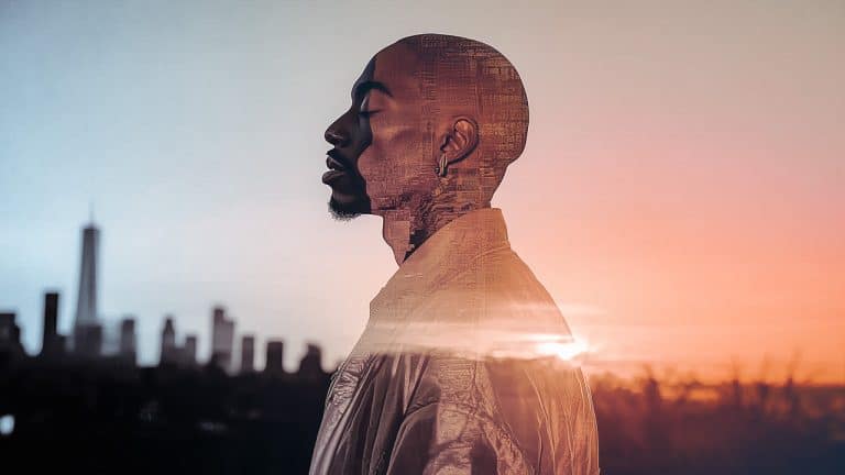 Double exposure of a man in profile with a serene expression and closed eyes