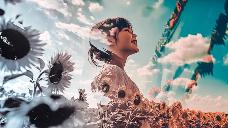 Double exposure of a smiling child in a field of sunflowers and a bright blue sky with fluffy clouds: joy and nature concept.