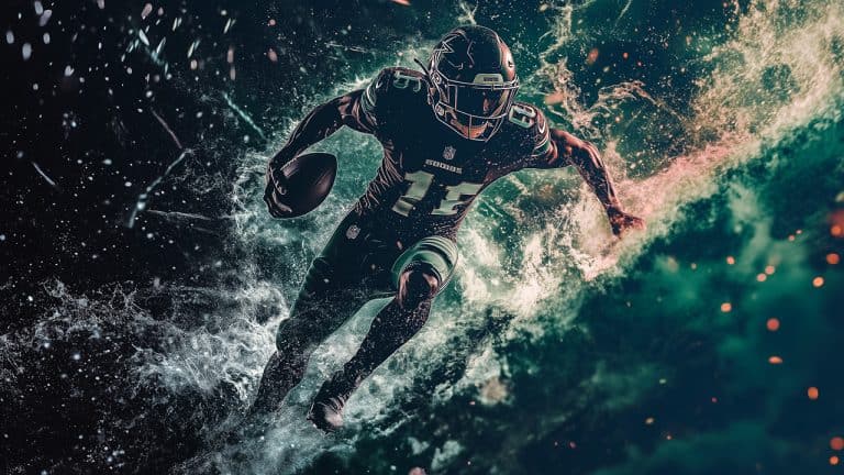 Double exposure of a football player in a dynamic running pose with a ball