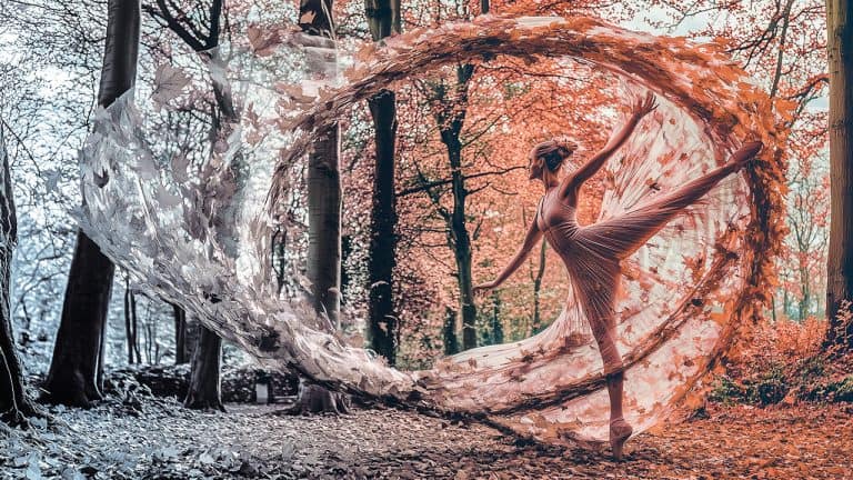 Double exposure of a dancer gracefully posing with swirling autumn leaves in a forest