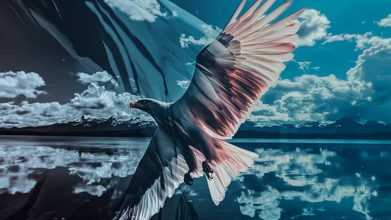 Double exposure of an eagle with wings spread wide and a serene lake with mountains and clouds reflected: freedom and tranquility concept.