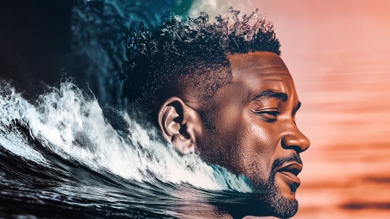 Double exposure of a serene man with closed eyes alongside a crashing ocean wave under a sunset sky: tranquility and nature's power concept.