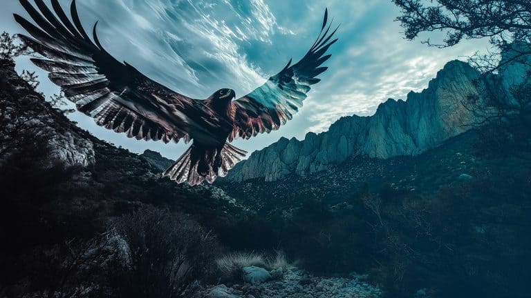 Double exposure of an eagle soaring with wings spread wide